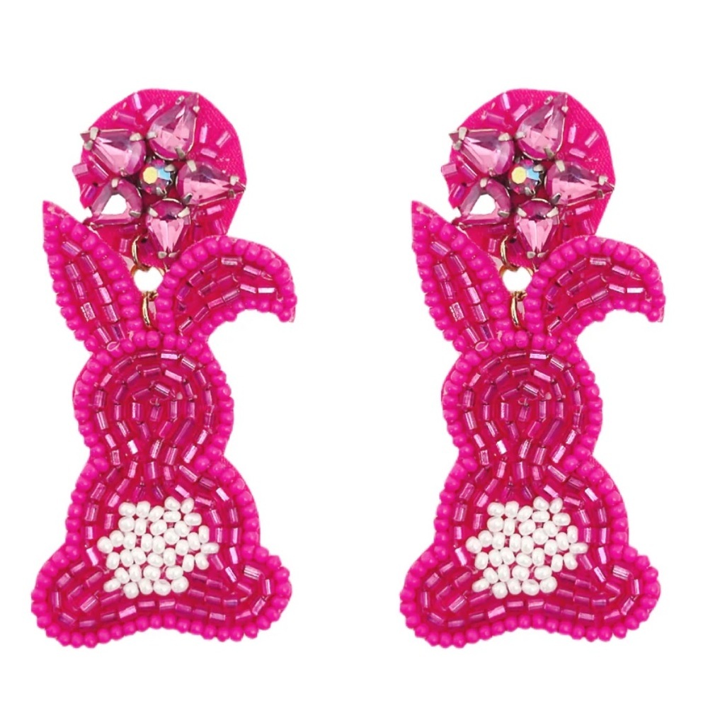 Hand Beaded Pink Bunny Earrings